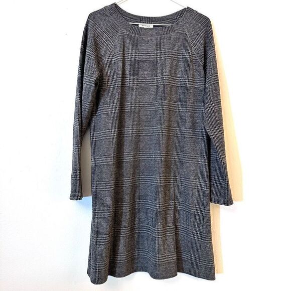 NWOT Max Studio Plaid Crew Neck Long Sleeve Shift Dress Gray Medium - Picture 1 of 4
